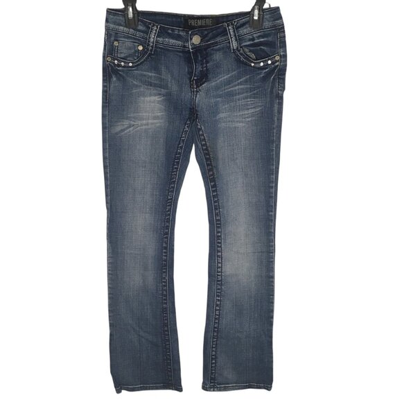 PREMIERE by rue21 Jeans Womens 3/4R Blue Slim Boot Stretch Embellished Pockets - Picture 1 of 15